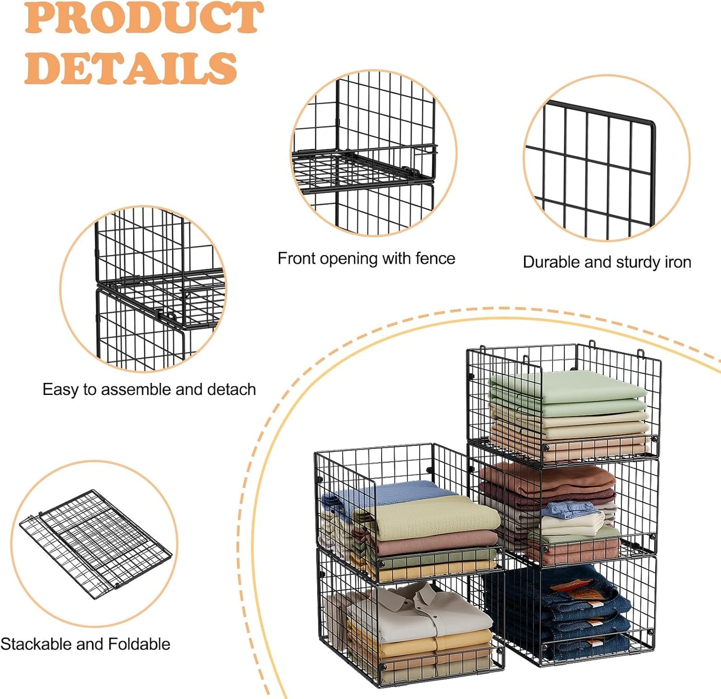 Yociyoga 4-Tier Stackable Closet Organizers and Storage Shelves, Foldable Closet Shelf Organizer, Black(Patent Protection)(Patent No. 30022416)