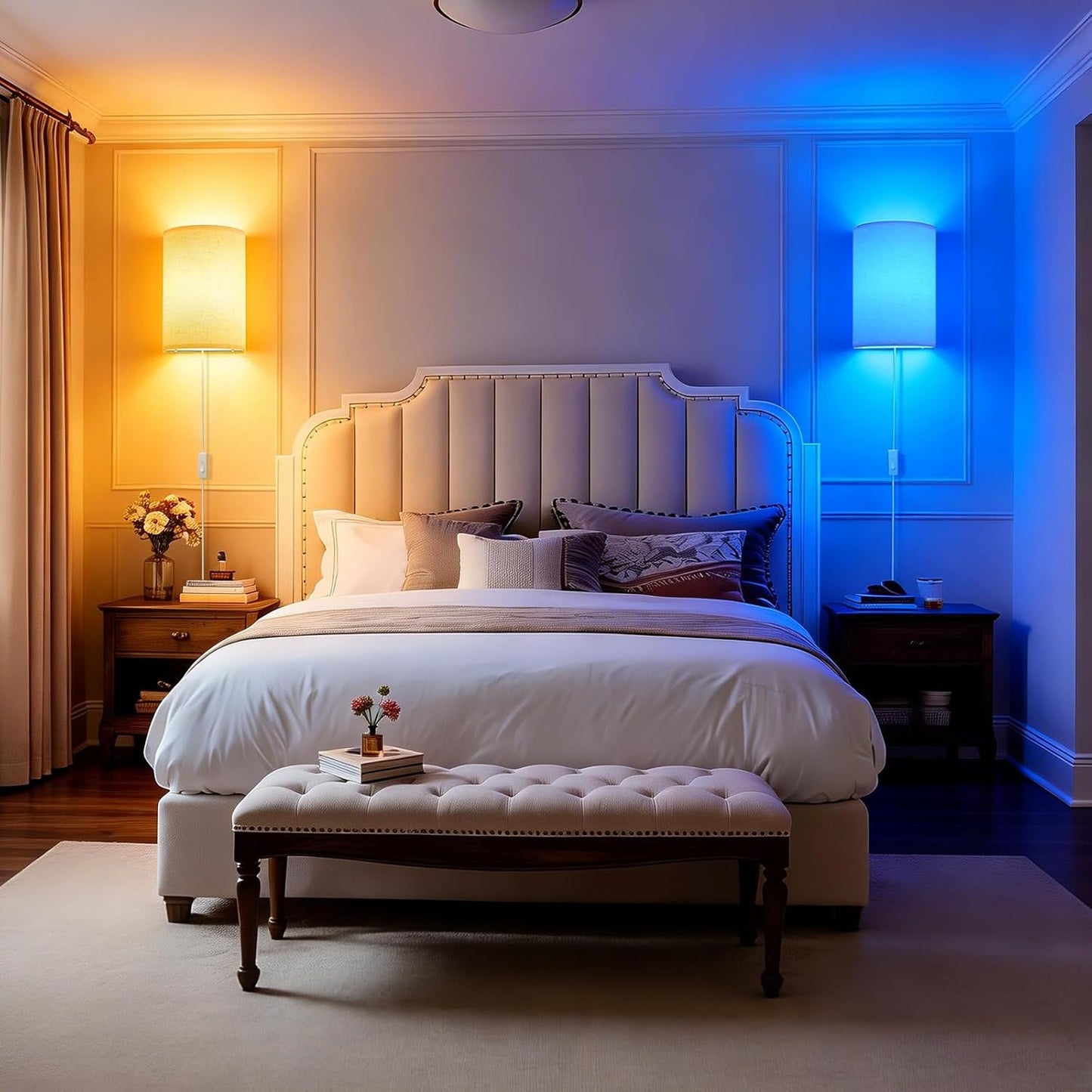 Battery Operated Wall Sconce Set of Two: 10000mAh Wireless Wall Light with Rechargeable Magnetic Bulb - Dimmable Wall Lamp with 7 RGB Colors - Linen Shade Sconces with Remote for Bedroom Living Room