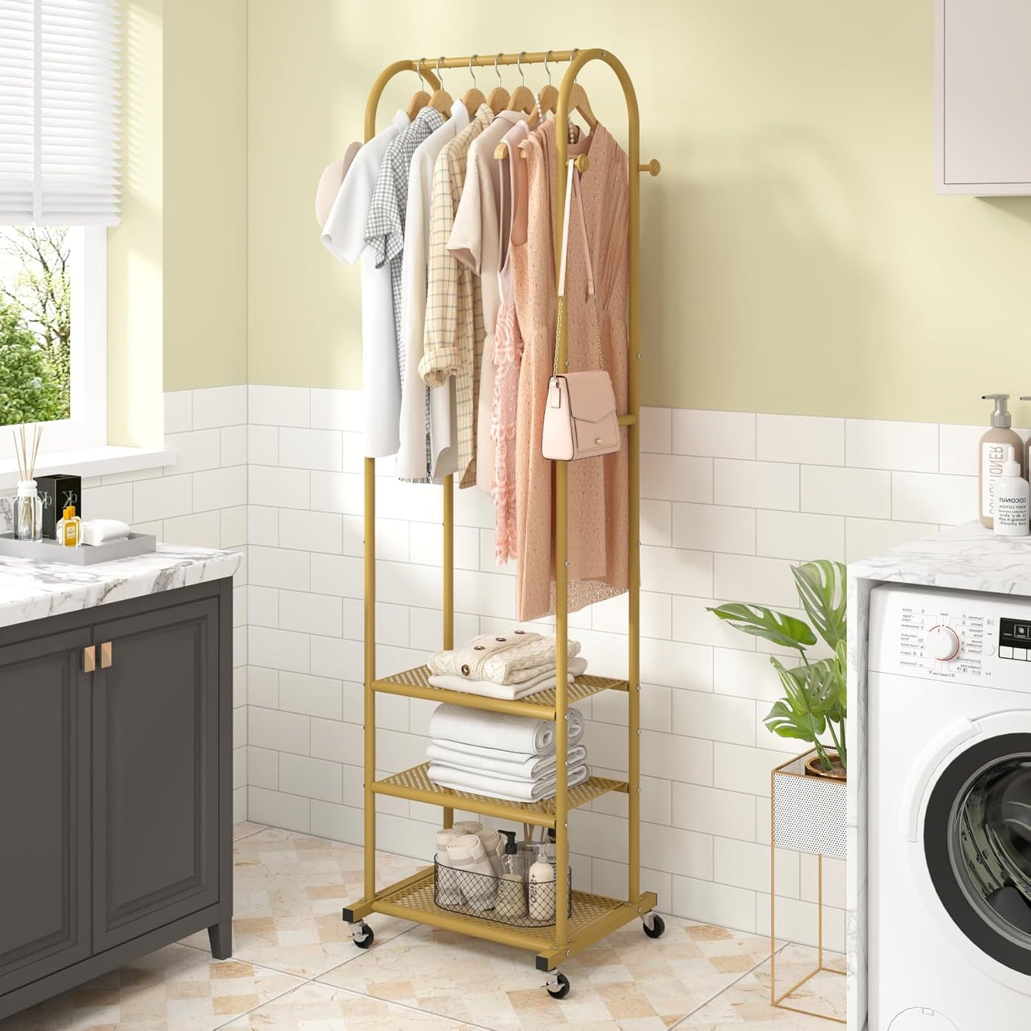 Kaitiemoo Heavy Duty Clothing Rack with Wheels,Modern Garment Rack with 3 Metal Shelves, 71.8Inches Display Rack for Hanging Clothes, Hanging Rod for Small Spaces,White