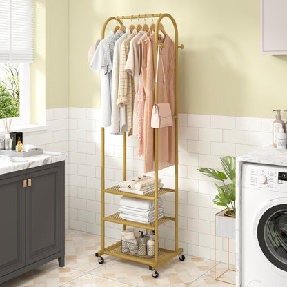 Kaitiemoo Heavy Duty Clothing Rack with Wheels,Modern Garment Rack with 3 Metal Shelves, 71.8Inches Display Rack for Hanging Clothes, Hanging Rod for Small Spaces,White