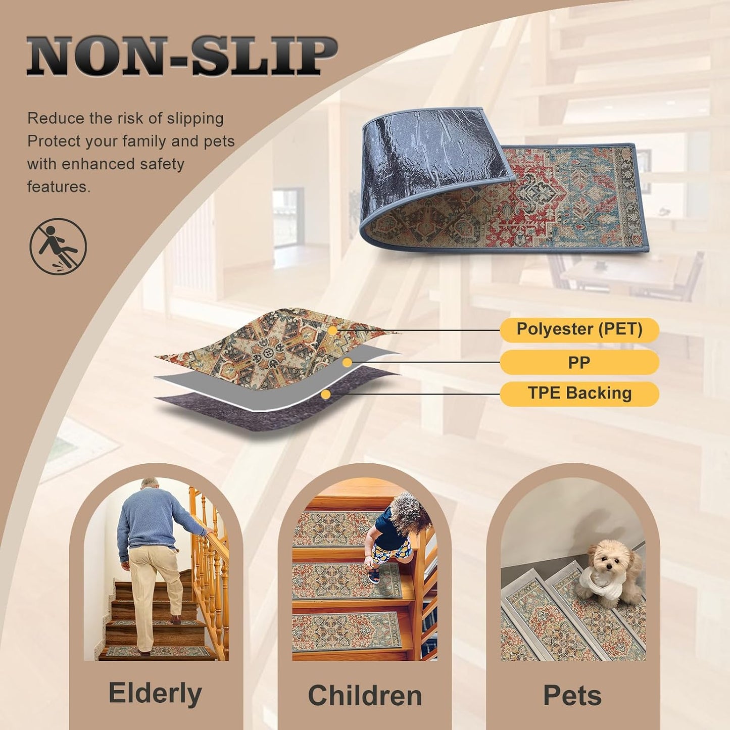 Non Slip Stair Treads for Wooden Steps, 15 Pack 8"x30" Washable Carpet | 8x30 in soft chenille polyester stair treads with reusable TPE backing for indoor wood stairs, dogs, kids, and seniors