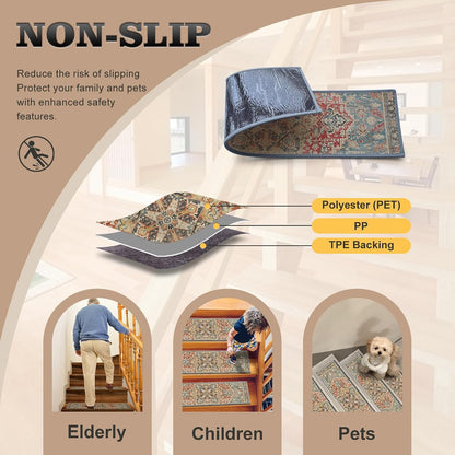 Non Slip Stair Treads for Wooden Steps, 15 Pack 8"x30" Washable Carpet | 8x30 in soft chenille polyester stair treads with reusable TPE backing for indoor wood stairs, dogs, kids, and seniors