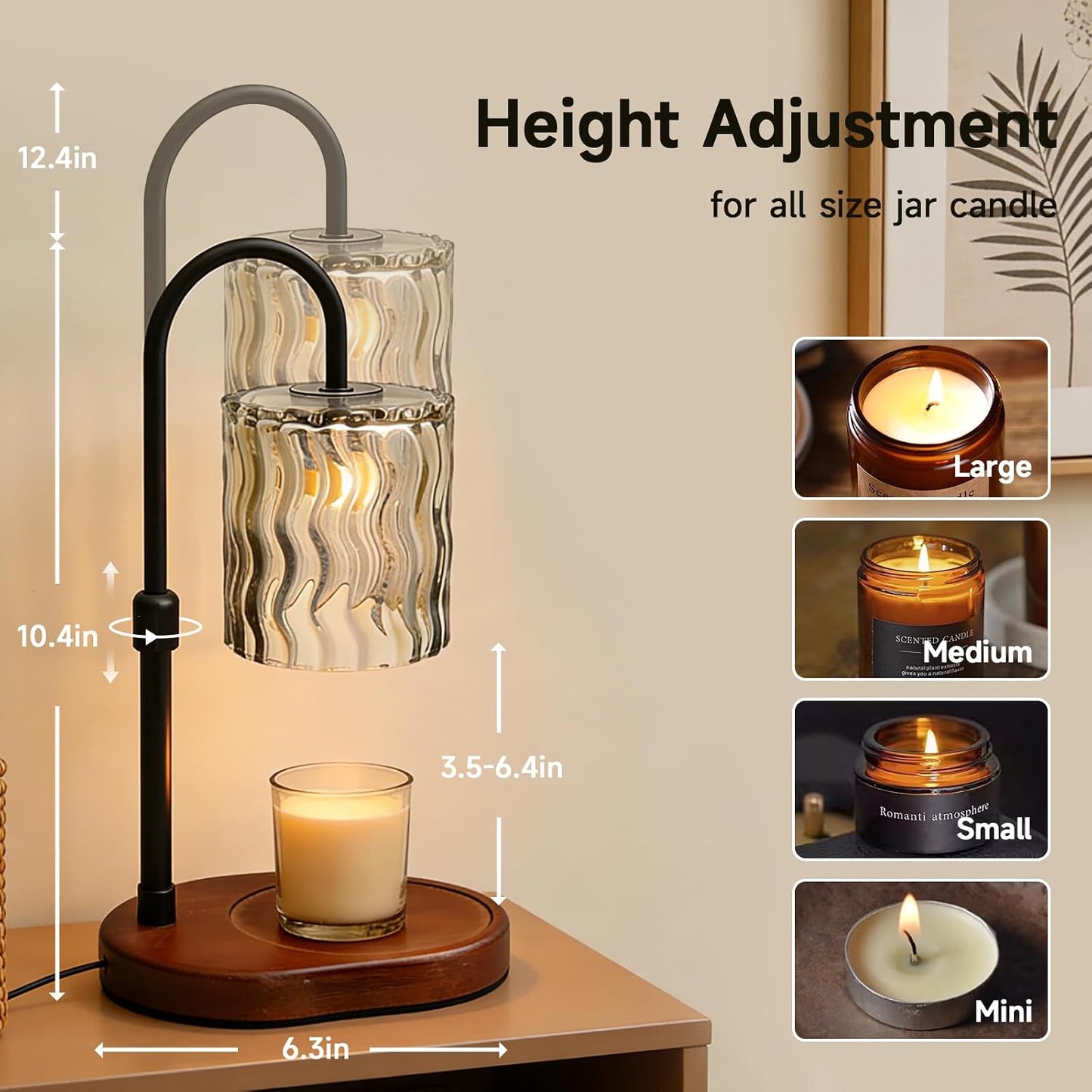 Candle Warmer Lamp with Timer, Dimmer, Vintage Glass Shade | Adjustable height, 2/4/8-hour timer, wood base, 2 bulbs included