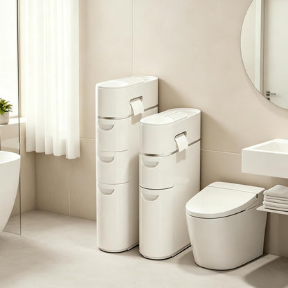 BGYMF 2-Tier Slim Bathroom Storage Cabinet, Slim Cabinet for Bathroom, Narrow Rolling Storage Cart with Wheels, White Plastic Slim Organizer for Small Bathroom Kitchen Laundry Corner