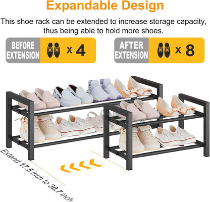 Detsuk 4-Tier Expandable Shoe Rack – Adjustable Metal Shoe Organizer for Closet, Entryway & Mudroom – Stackable, Heavy-Duty Storage, Black