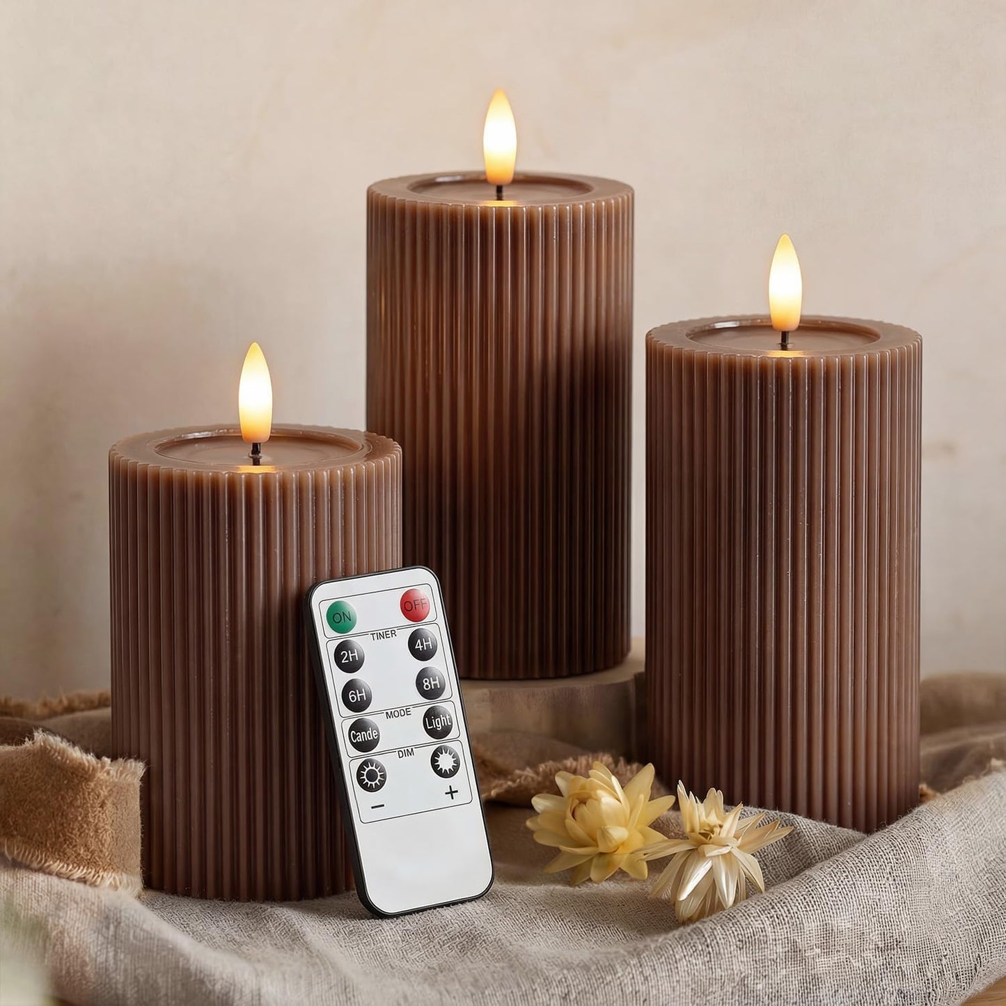 Fluted Ribbed LED Pillar Candles, Cream Beige, with Realistic Reflective Melted-Wax Effect – Flickering Flame, Remote, Dimmable, Flameless, Battery Operated, Home & Wedding Decor (Set of 3)