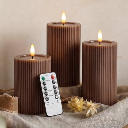 Fluted Ribbed LED Pillar Candles, Cream Beige, with Realistic Reflective Melted-Wax Effect – Flickering Flame, Remote, Dimmable, Flameless, Battery Operated, Home & Wedding Decor (Set of 3)
