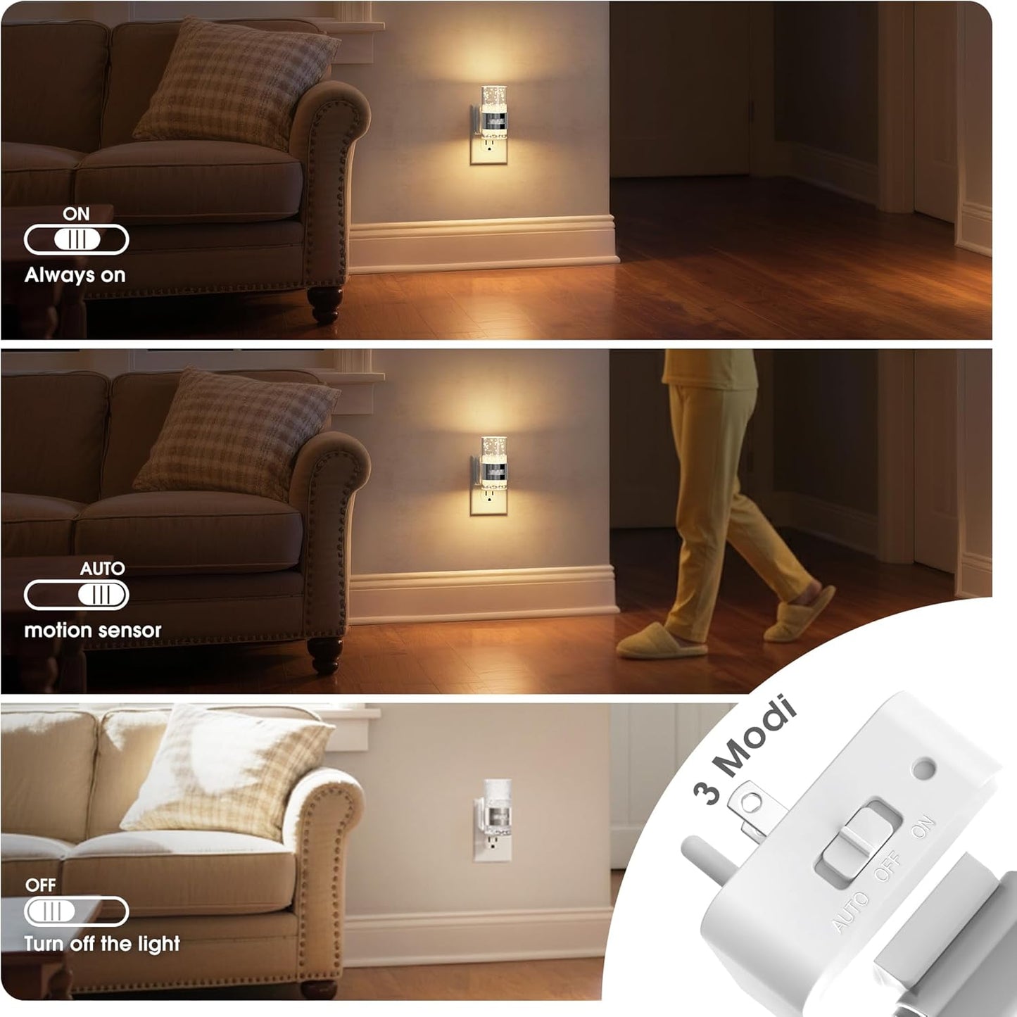 JandCase Motion Sensor Night Light, Night Lights Plug into Wall,3000K Soft White 0-100 LM Dimmable LED Night Light, Motion Activated Nightlight for Bathroom Hallway Decor