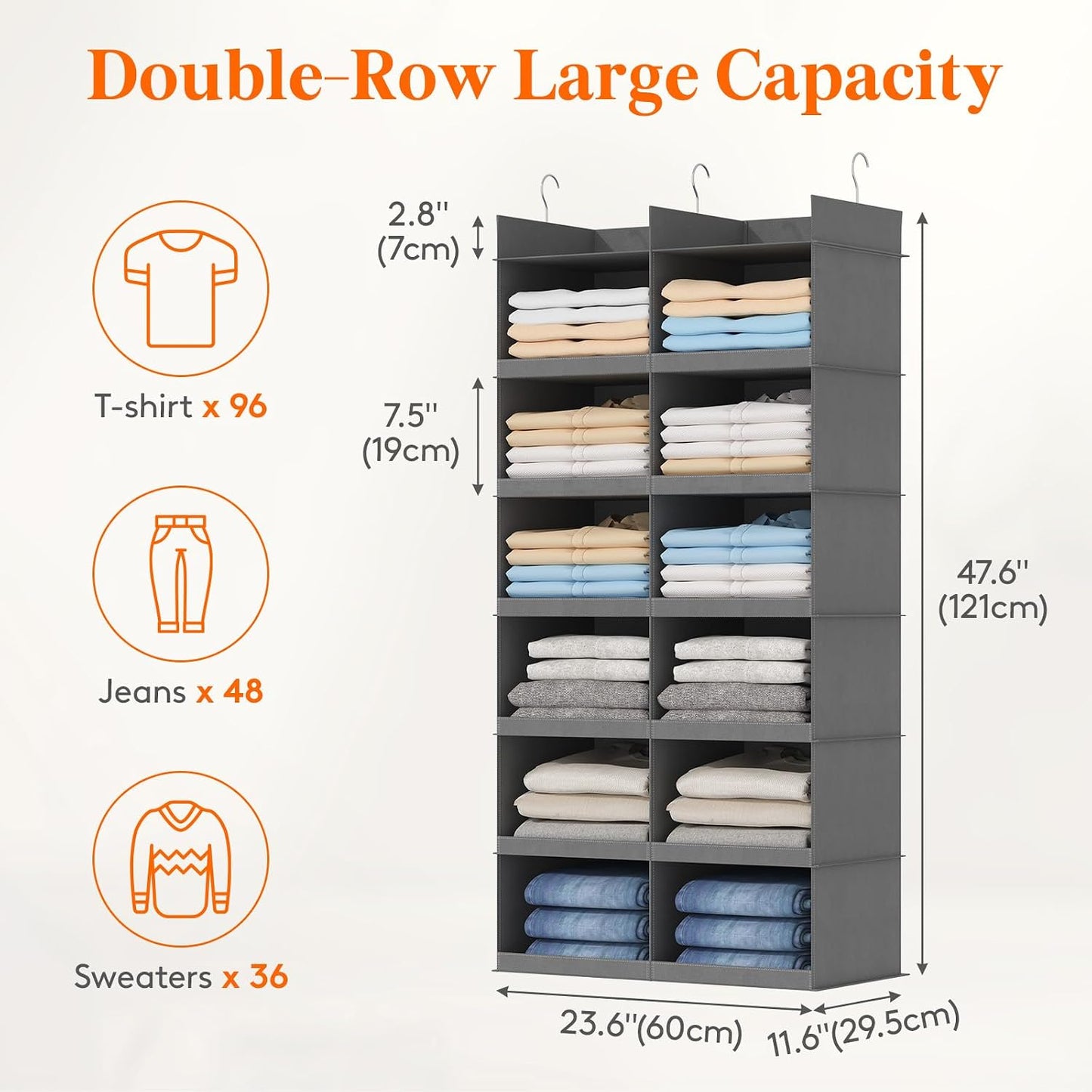 Lifewit Dual-Row Shelf Hanging Closet Organizer and Storage, Clothes Shelves with 3 Sturdy Hooks for Clothing Organization, Foldable Container Hold Up to 24 Sweaters, 4 Tier 8 Sections, Gray