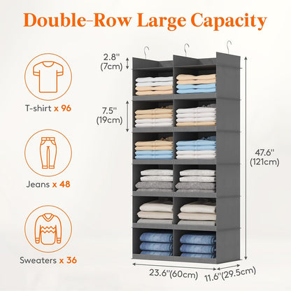 Lifewit Dual-Row Shelf Hanging Closet Organizer and Storage, Clothes Shelves with 3 Sturdy Hooks for Clothing Organization, Foldable Container Hold Up to 24 Sweaters, 4 Tier 8 Sections, Gray