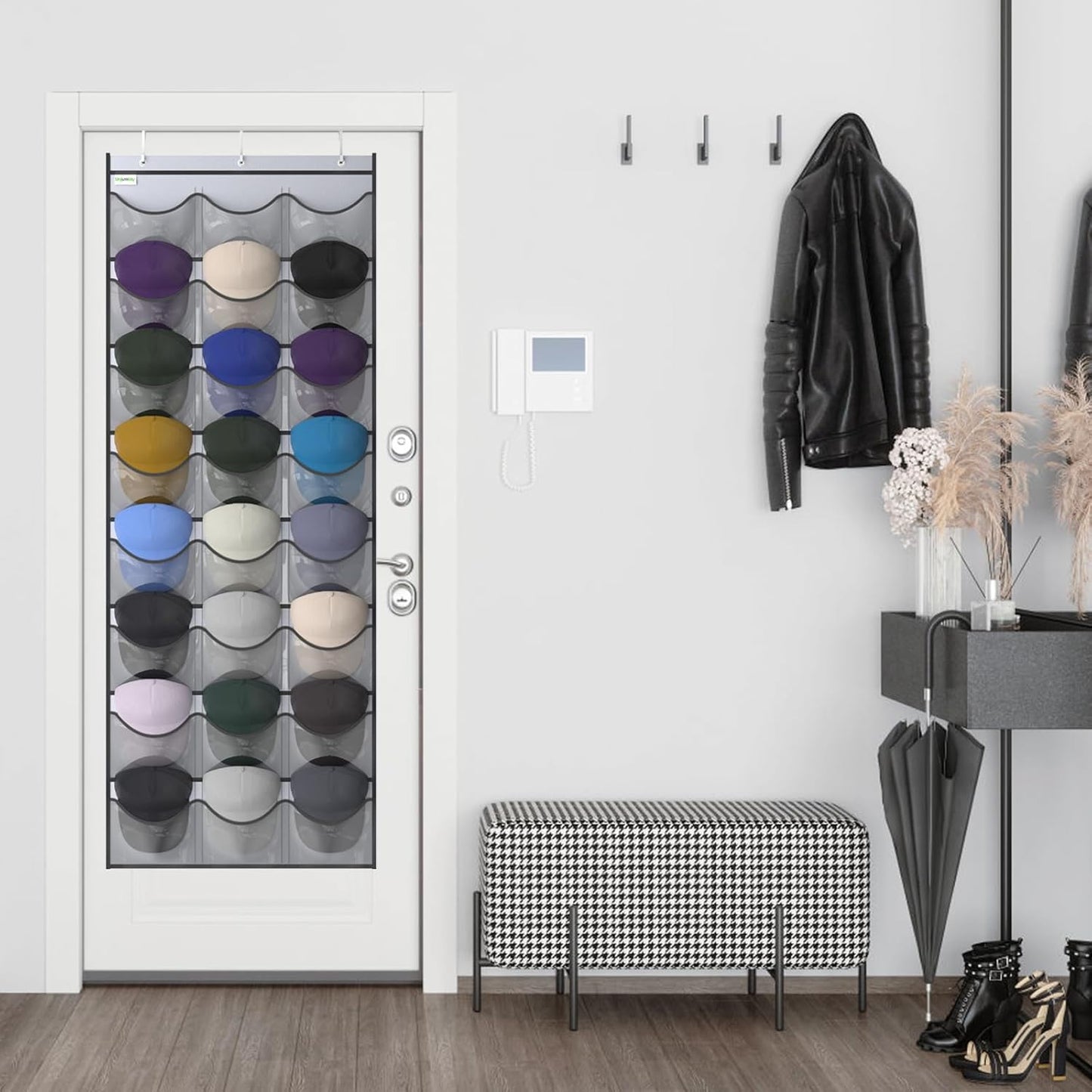 Baseball Hat Rack, 24 Pocket Over-The-Door Hat Organizer with Clear Deep Pockets to Display Baseball Caps Collection, Complete with 3 Over Door Hooks (Black, 24 Pockets)