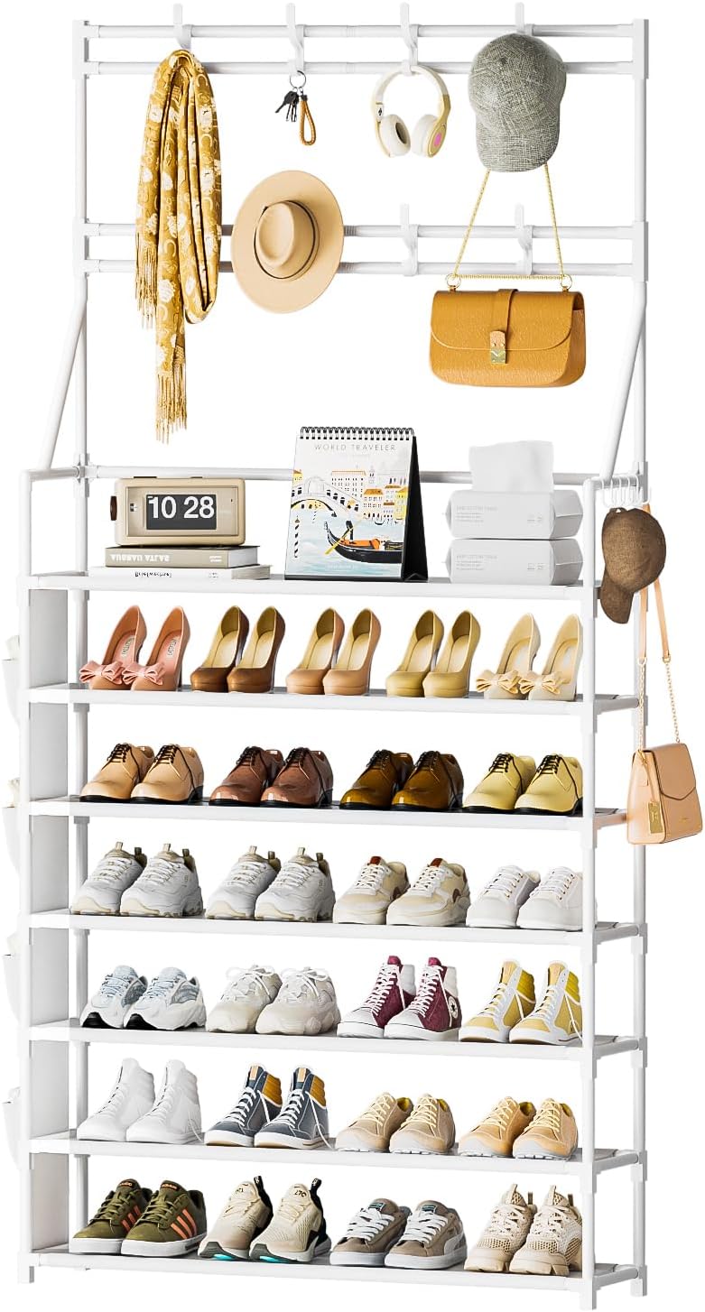 OYREL Shoe Rack, 5 Tier Shoes Storage Organizer, with Functional Hooks and Side Pocket, 20-25 Pairs, for Closet/Entrance/Entryway, Sneaker and Boot Stackable Free Standing Shoe Rack