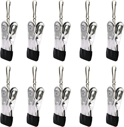 10PCS Small Clothes Pin with Hook for Easy Hanging, Stainless Steel Clothespins, Metal Laundry Grip Clips, Anti Rust, Multipurpose
