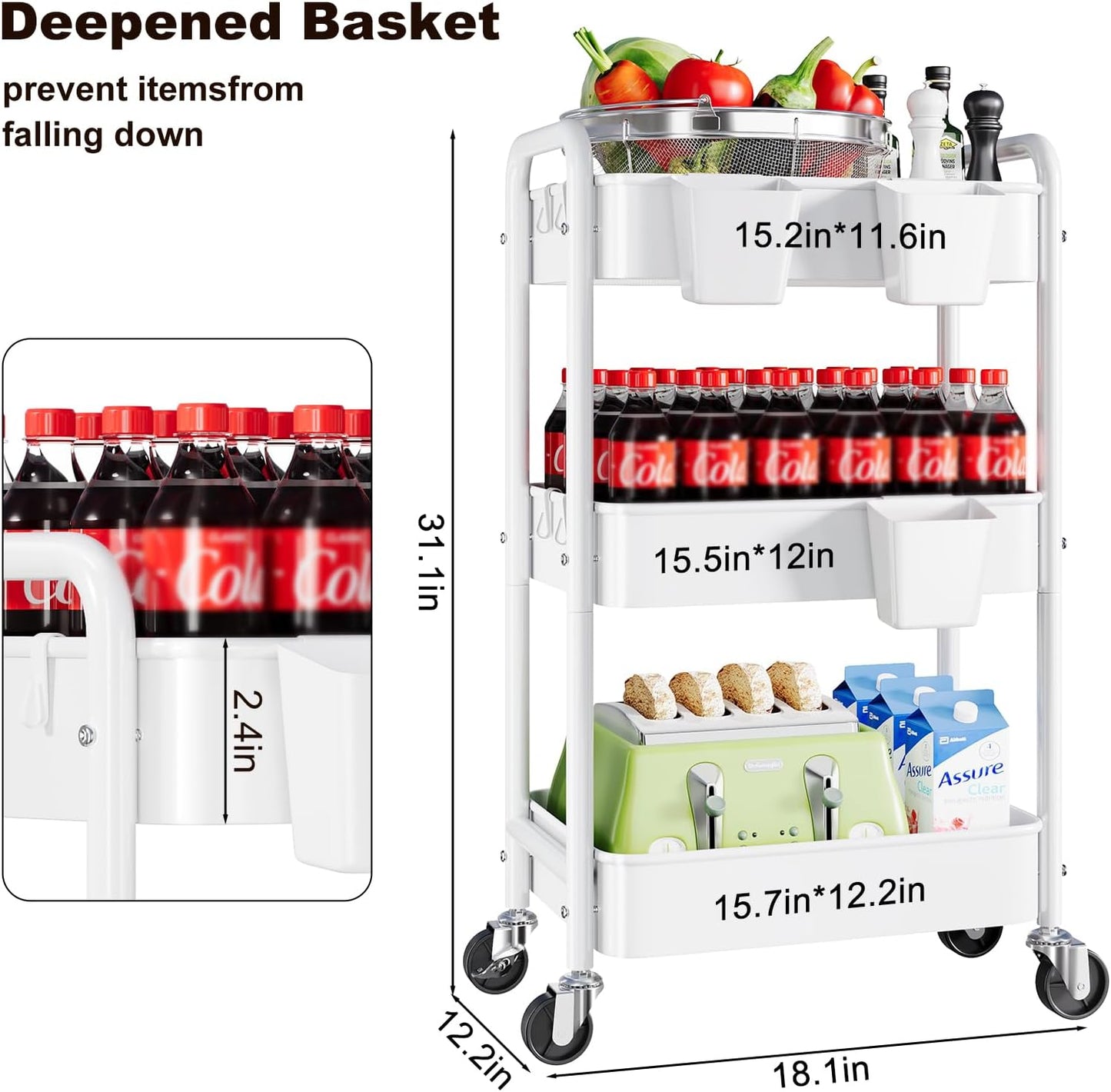 2 Tier Small Rolling Cart Metal with Wheels, White Under Desk Storage Cart on Wheels, Short Utility Roller Caddy Carts Organizer for Art,Craft,Pantry,Bathroom, Two Tiered Shelf Trolley,22 Inches Tall