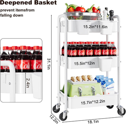 2 Tier Small Rolling Cart Metal with Wheels, White Under Desk Storage Cart on Wheels, Short Utility Roller Caddy Carts Organizer for Art,Craft,Pantry,Bathroom, Two Tiered Shelf Trolley,22 Inches Tall