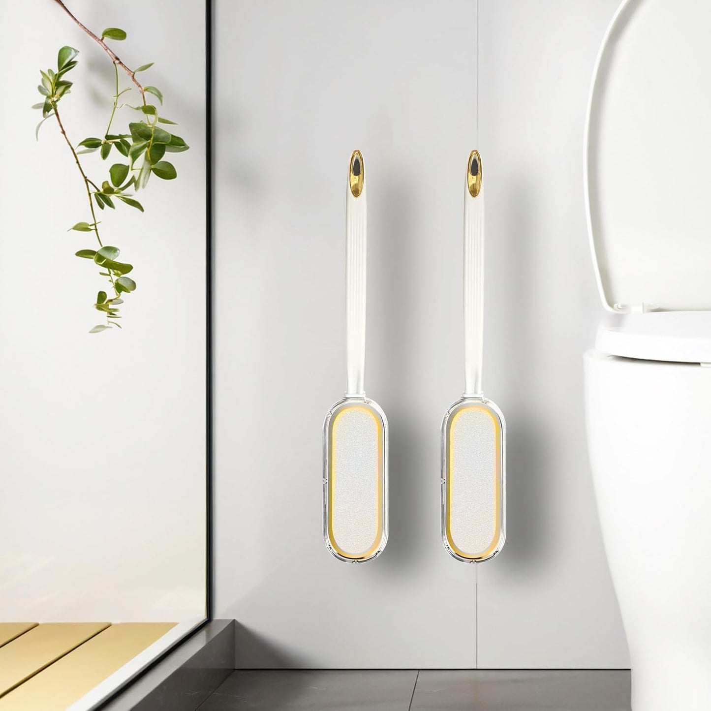 Curved Toilet Brush and Holder Set 2 Pack - Under Rim Toilet Bowl Scrubber with S-Shaped Brush Head & Back Scrubber, Compact Wall Mounted Toilet Cleaning Brush for Bathroom (White)