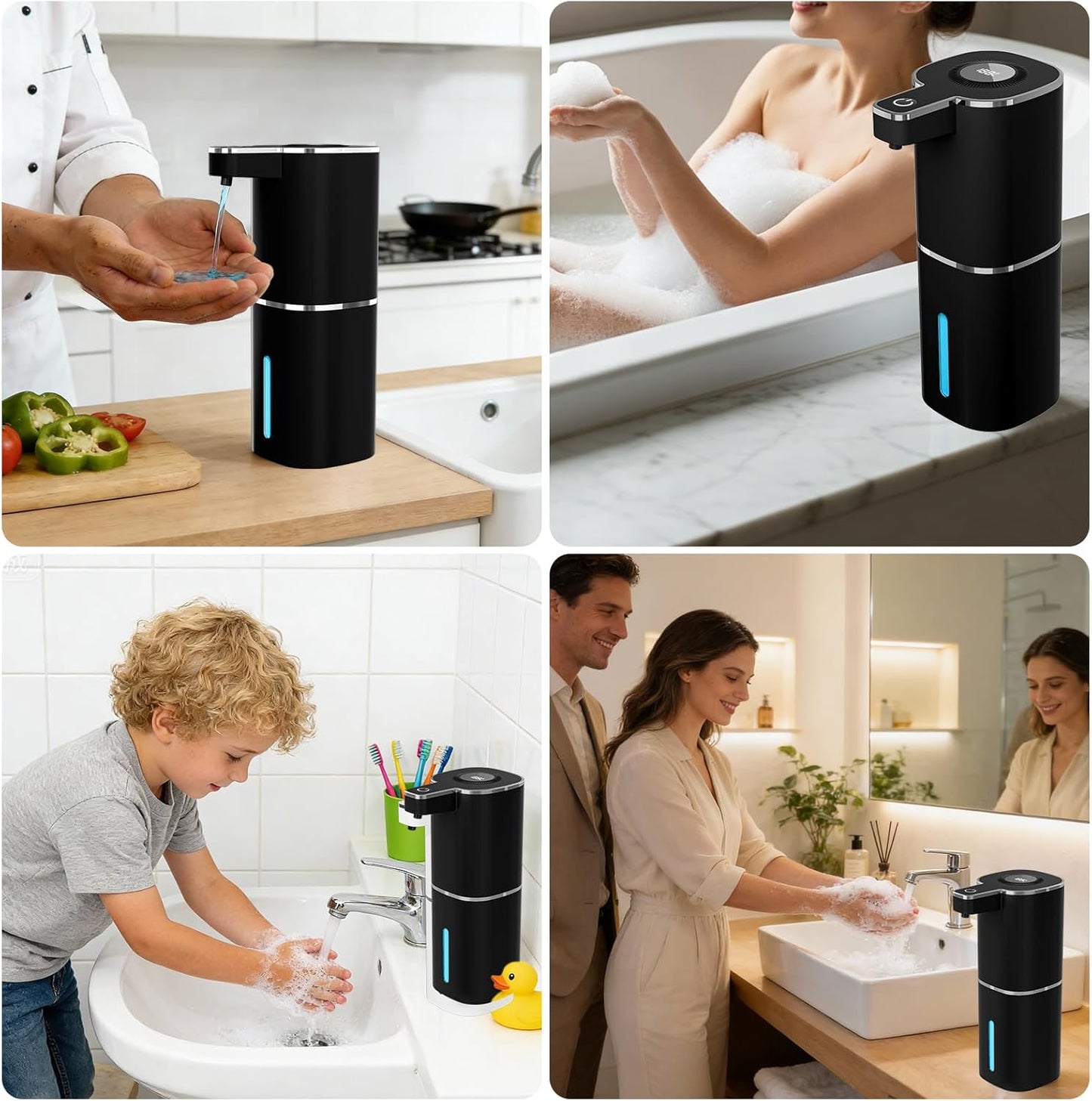 Automatic Foaming Soap Dispenser, Touchless Rechargeable Hand Soap Dispenser, 4 Adjustable Levels, 1200mAh Battery, Large Display, for Kitchen & Bathroom (Black, Foaming)