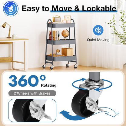 DUMOS 3 Tiers Rolling Cart, Utility Cart, Metal, White | Mobile Storage, Lockable Wheels, Utility Shelving Unit, Kitchen, Bathroom, Laundry, Narrow Places