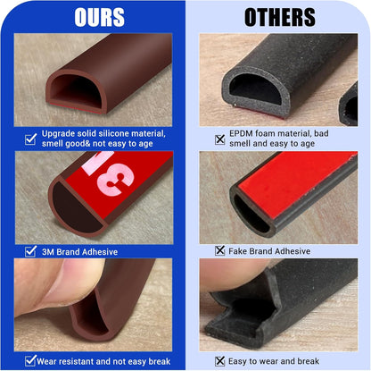 Weather Stripping Door Seal Self Adhesive Weather Strip Silicone D Shaped Door Seal Strip for Door Frame/Window Seal, 20Ft, Brown (3/8" W × 1/4" T)