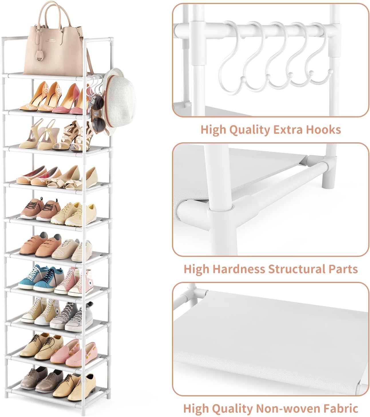 LANTEFUL 10 Tiers Tall Shoe Rack 20-25 Pairs Boots Organizer Storage Sturdy Narrow Shoe Shelf for Entryway, Closets with Hooks, Black