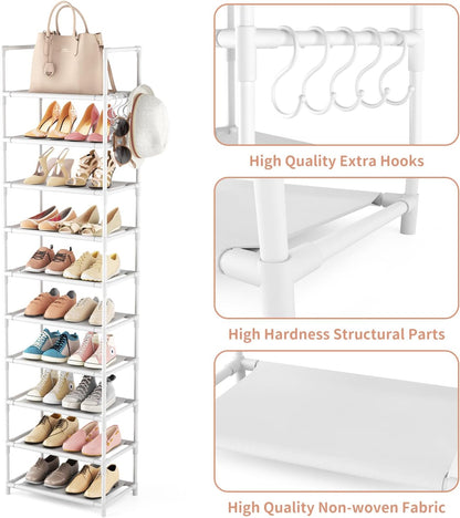 LANTEFUL 10 Tiers Tall Shoe Rack 20-25 Pairs Boots Organizer Storage Sturdy Narrow Shoe Shelf for Entryway, Closets with Hooks, Black