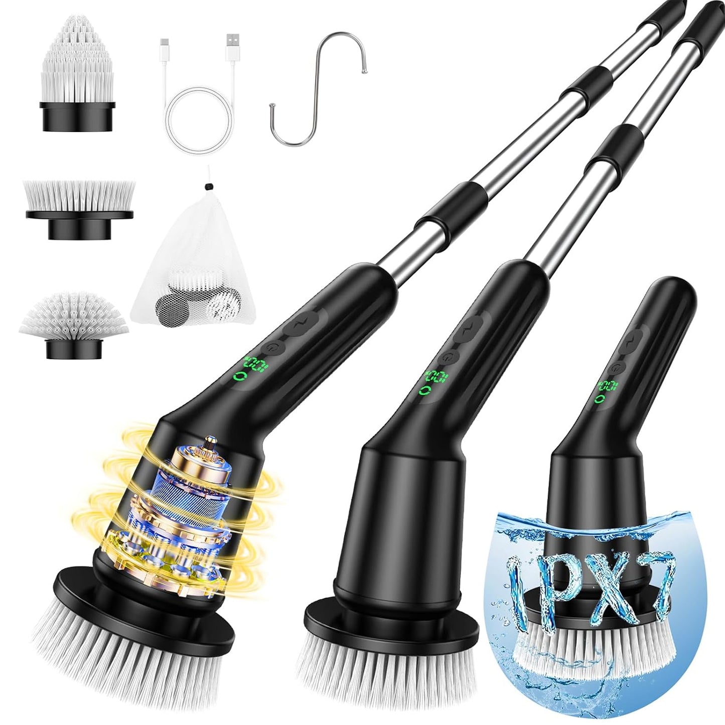 Shower Scrubber with Long Handle, Shower Cleaner Brush with 8 Floor Machine Pads, Cordless Electric Spin Scrubber for Cleaning with 2 Speed, Cleaning Supplies for Bathroom Bathtub Kitchen Floor Tile