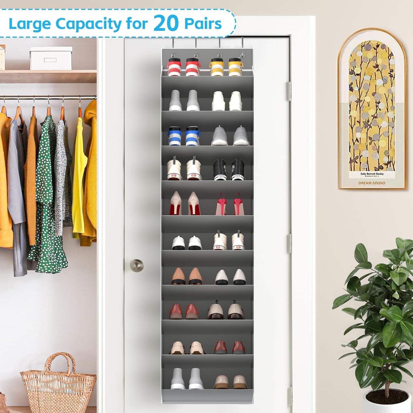 REGELETO 28 Large Pocket Over the Door Shoe Organzier, Hanging Shoe Rack for Door Large Capacity Shoe Organizer Holder with 4 Metal Hooks.