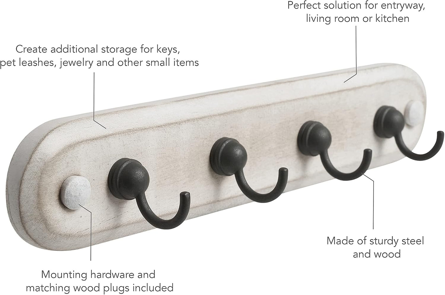Spectrum Farmhouse Key Holder Wall Mount Rack for Entryway Garage Mudroom Hanging Organization, Easy Install Rustic Key Ring Holder Rack for Keychains Rings & Fobs, White Washed with Black Hooks