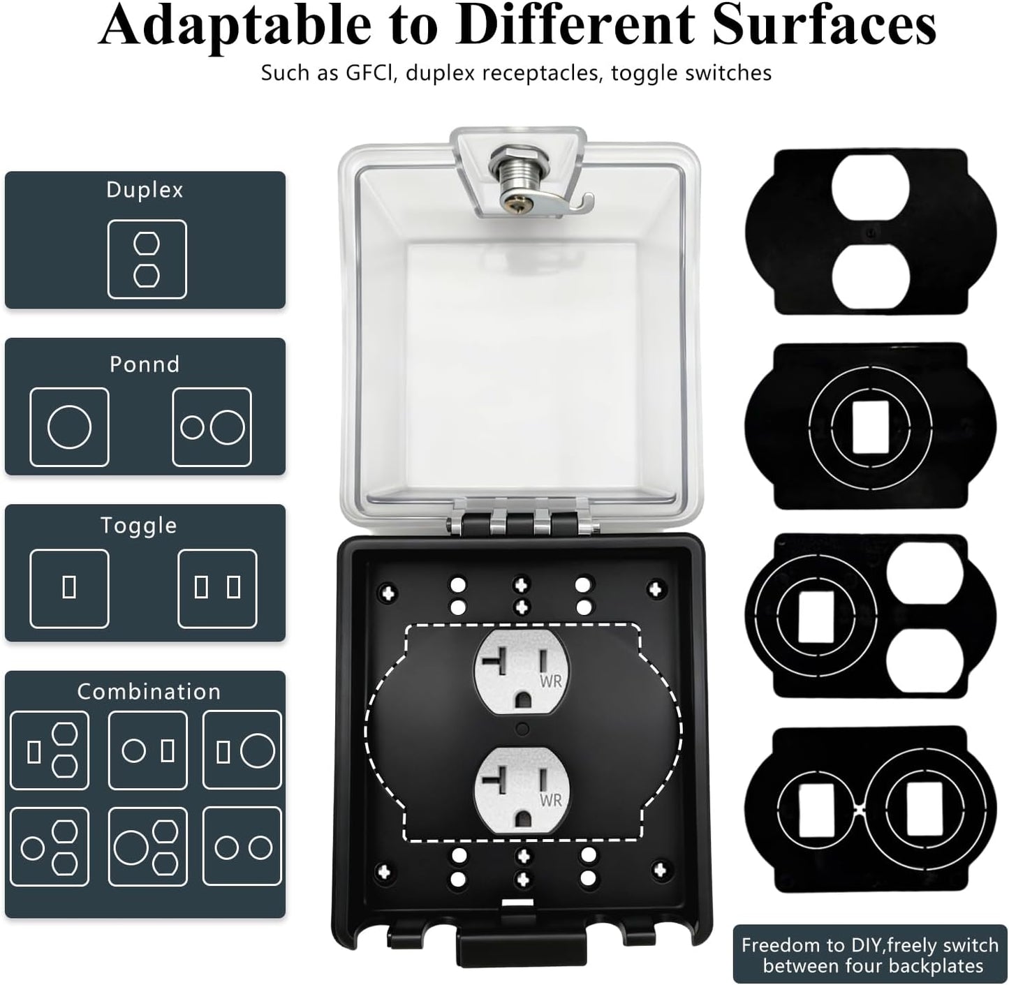 2-Gang Universal Weatherproof Electrical Outlet Cover with Lock,Baby Proof Outlet Lock Box,Fits Most 2.6 "H x 2.56 "W or Smaller Plugs,Clear Outlet Waterproof Cover Box for Outdoor In-Use