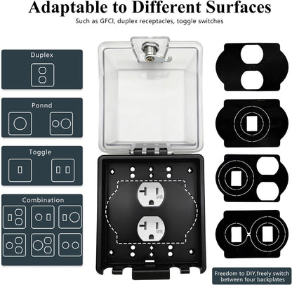 2-Gang Universal Weatherproof Electrical Outlet Cover with Lock,Baby Proof Outlet Lock Box,Fits Most 2.6 "H x 2.56 "W or Smaller Plugs,Clear Outlet Waterproof Cover Box for Outdoor In-Use
