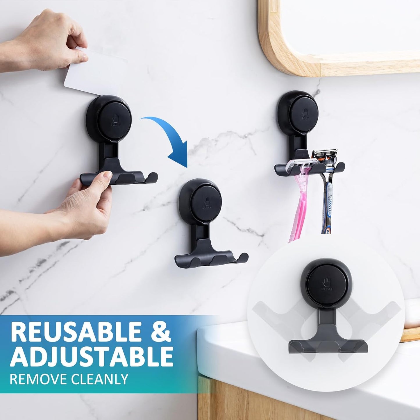 TAILI Suction Cup Razor Holder in Shower 2 Pack, Towel, Loofah, Shaver Holder for Bathroom Wall, Powerful Suction Cup Shower Hooks, Easy to Install and Reuse, White