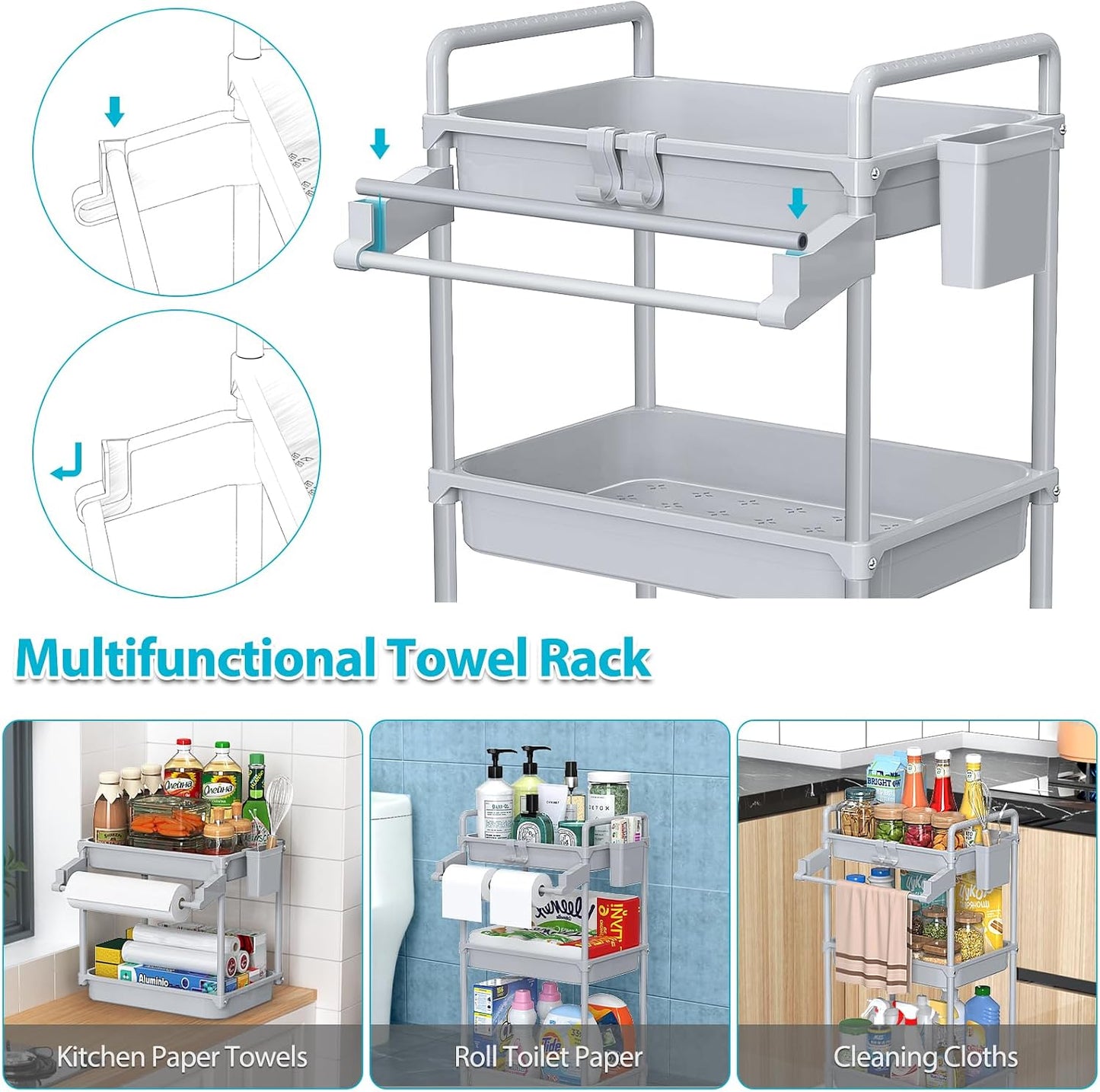 SPACEKEEPER Rolling Storage Cart, 4-Tier Bathroom Organizer Utility Cart Laundry Room Organization Mobile Shelving Unit with Towel Rack, Lockable Wheel, Hooks & Cup for Kitchen Bedroom Office, White