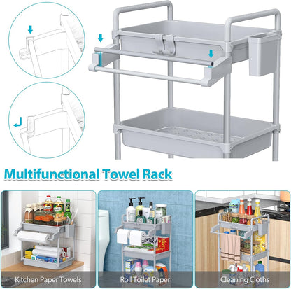 SPACEKEEPER Rolling Storage Cart, 4-Tier Bathroom Organizer Utility Cart Laundry Room Organization Mobile Shelving Unit with Towel Rack, Lockable Wheel, Hooks & Cup for Kitchen Bedroom Office, White