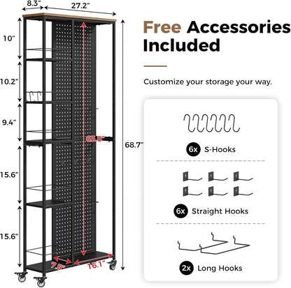 Slim Rolling Storage Cart, 8.3 Inch Narrow Storage Cart with Wheels, Pegboard & 5 Tier Shelves, Mobile Slim Storage Rack Next to Fridge for Kitchen, Laundry, White