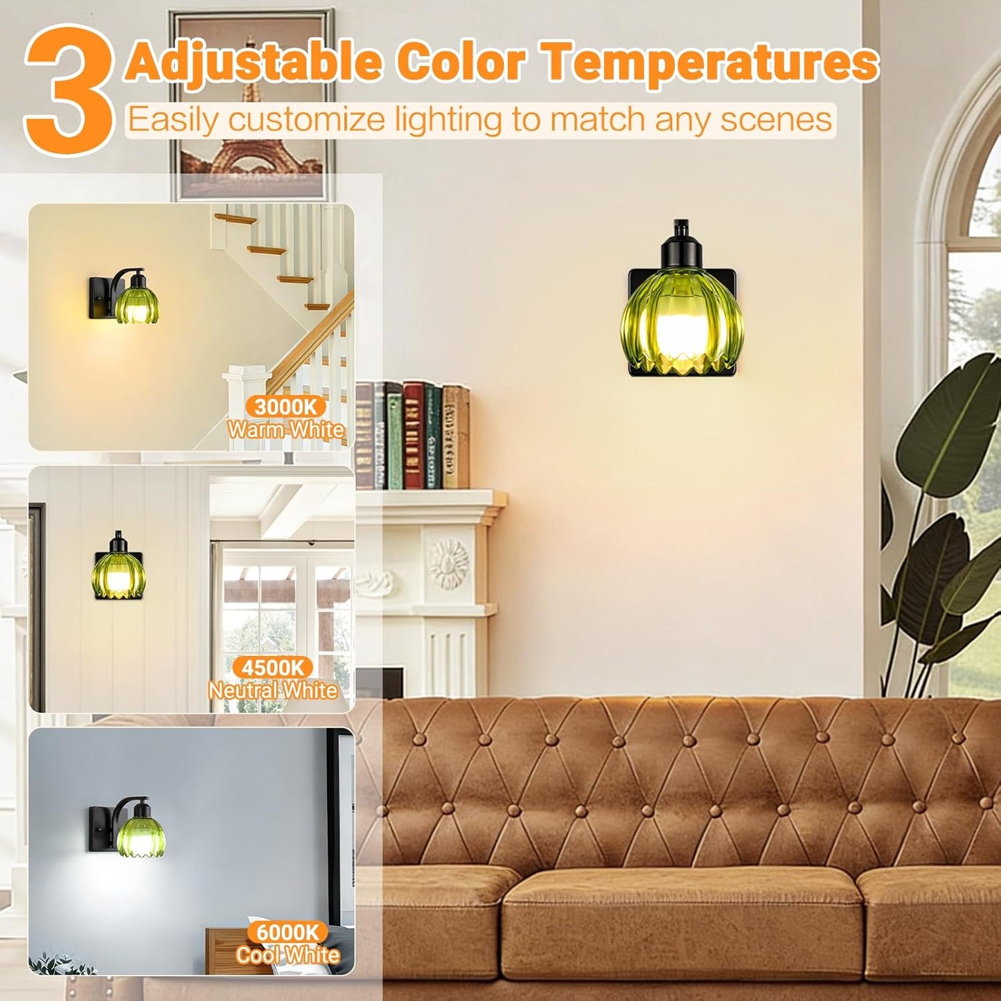 Rechargeable Battery Operated Wall Sconce Set of 2, Wireless Battery Powered Gold Wall Lamps with Green Tulip Glass, Vintage Dimmable Wall Lights with Remote Control for Bedroom Living Room