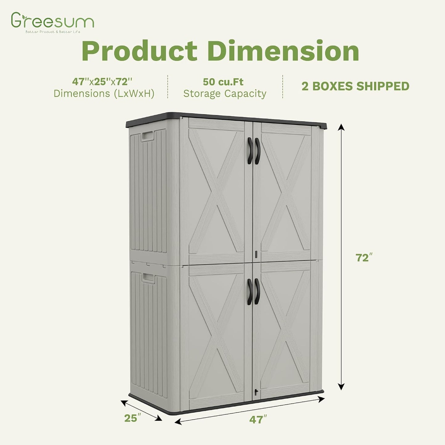 Greesum Outdoor Storage Cabinet, 26 CUFT Deck Box Without Shelves, Waterproof Plastic Storage Shed for Patio Cushions, Gardening Tools, Lockable and Sidehandles, UV Resistant, Beige