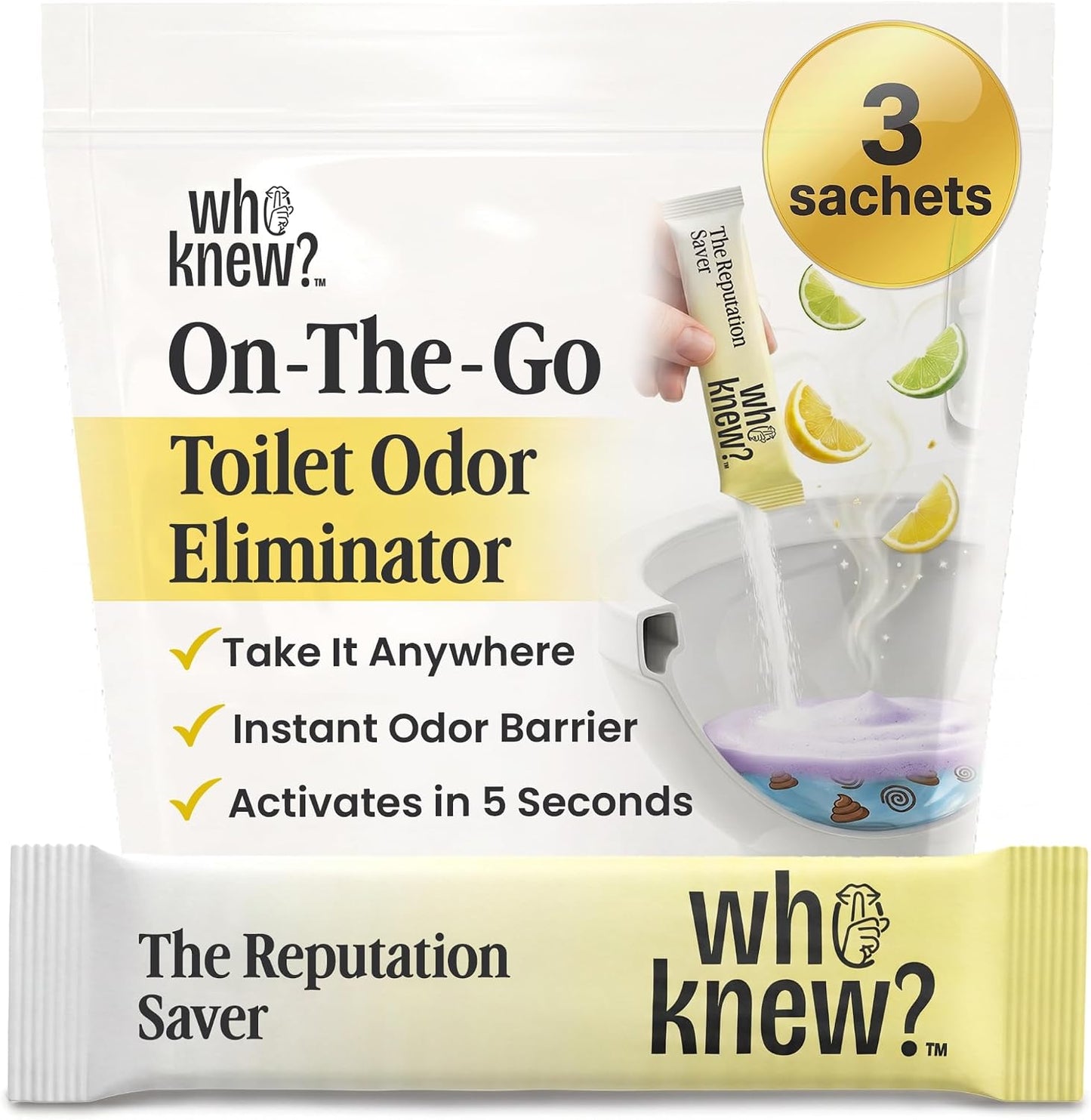 Who Knew Toilet Bombs for Smell - 14 Citrus Sachets | Drop Before You Go Poop | Toilet Odor Eliminator & Poop Smell Eliminator | Portable Bathroom Deodorizer for Travel, Guest Bathrooms & On-The-Go