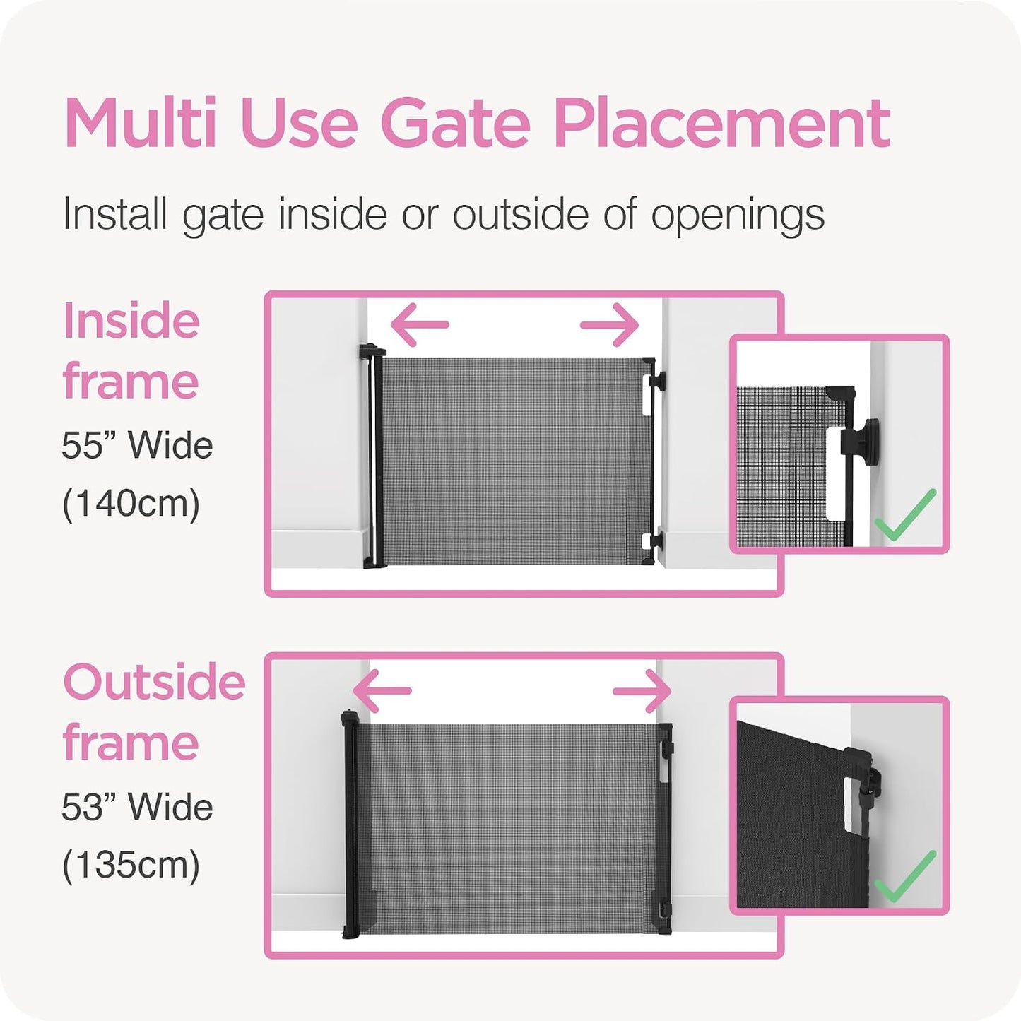 Retractable Baby Gate Perma Child Safety 33" Tall x 55” Wide, Mesh, for Stairs, Doorways, Dogs, Pets, Indoor, Outdoor, One-Handed Operation, Locking, Easy Install, Hardware Mount, White