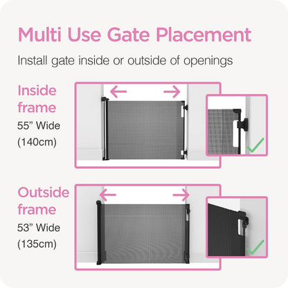 Retractable Baby Gate Perma Child Safety 33" Tall x 55” Wide, Mesh, for Stairs, Doorways, Dogs, Pets, Indoor, Outdoor, One-Handed Operation, Locking, Easy Install, Hardware Mount, White