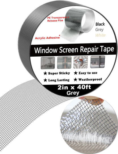 WOHOHOHO Window Screen Repair Tape, 2 in X 40 FT (480IN) Gray Screen Patch Repair Kit, 3-Layer Strong Adhesive Invisible Screen Tape Mesh Repair for Windows, Doors Garage Mosquito Net Magnetic Screen