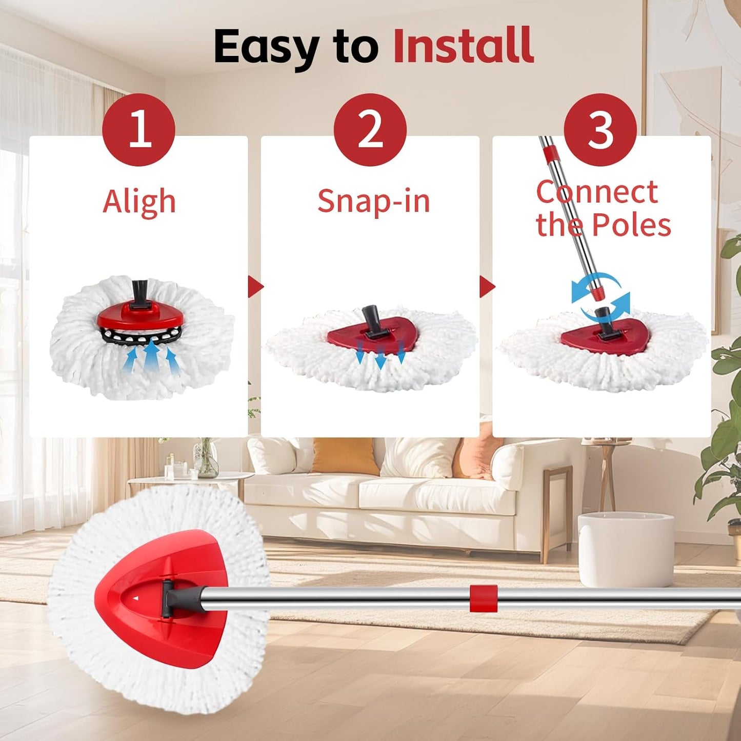 ANREKEYH Spin Mop Replace Head, Base, Handle Compatible with O Cedar EasyWring Microfiber Spin Mop, 2 Mop Refills Replacement Heads, 30-58in Mop Handle and 1 Mop Base Combo Set (White (1-Tank System))