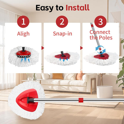 ANREKEYH Spin Mop Replace Head, Base, Handle Compatible with O Cedar EasyWring Microfiber Spin Mop, 2 Mop Refills Replacement Heads, 30-58in Mop Handle and 1 Mop Base Combo Set (White (1-Tank System))