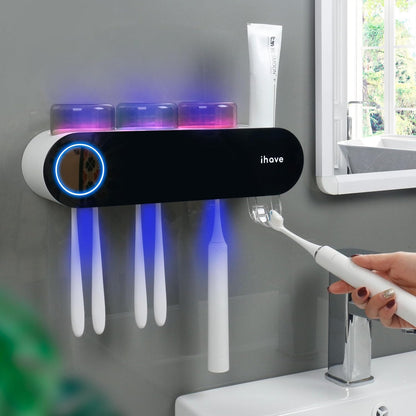 iHave Toothbrush Holders for Bathrooms, UV Toothbrush Sanitizer and Holder Smart Home Bathroom Accessories, 2 Cups Electric Toothbrush Holder Wall Mounted with Toothpaste Dispenser Bathroom Decor