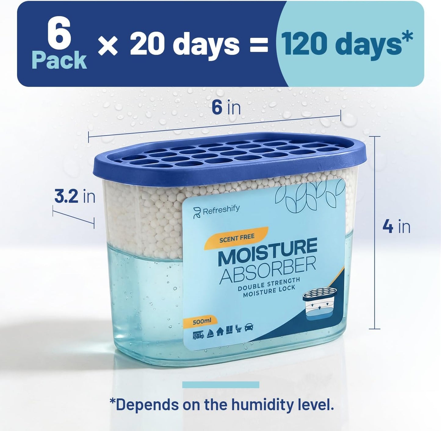 Premium Moisture Absorbers and Dehumidifier Tubs – High-Efficiency Closet Dehumidifier and Dehumidifier for Car, Odor Control Fragrance Free, 6 Pack, 7.5 Oz