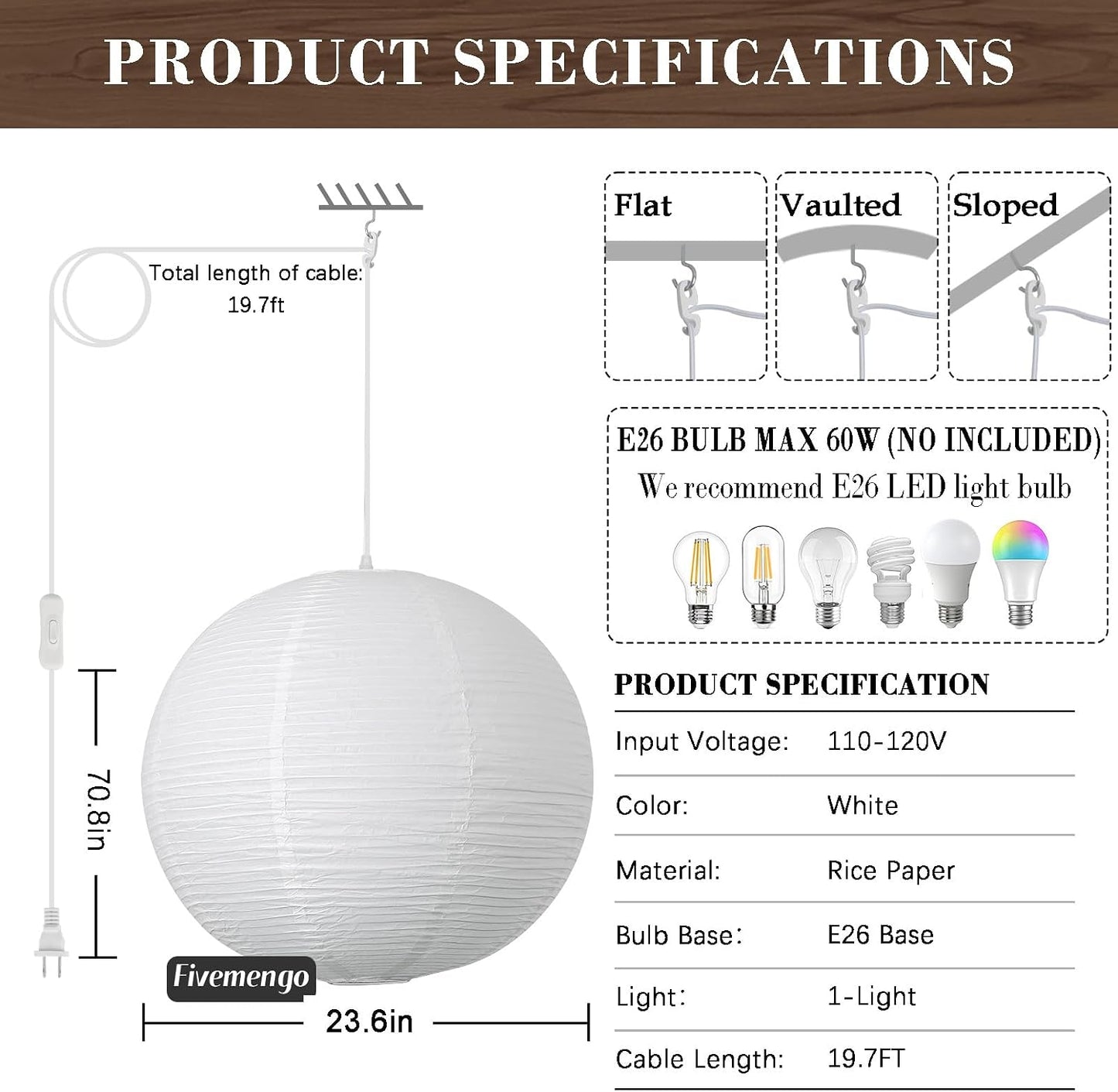 Paper Lantern Lamp Plug in Hanging Lamp 23.6in Off-White Rice Paper Pendant Light with 19.7FT Cord Large Globe Japanese Japandi Wabi Sabi Chandelier for Dining Living Room Bedroom 1 Pack