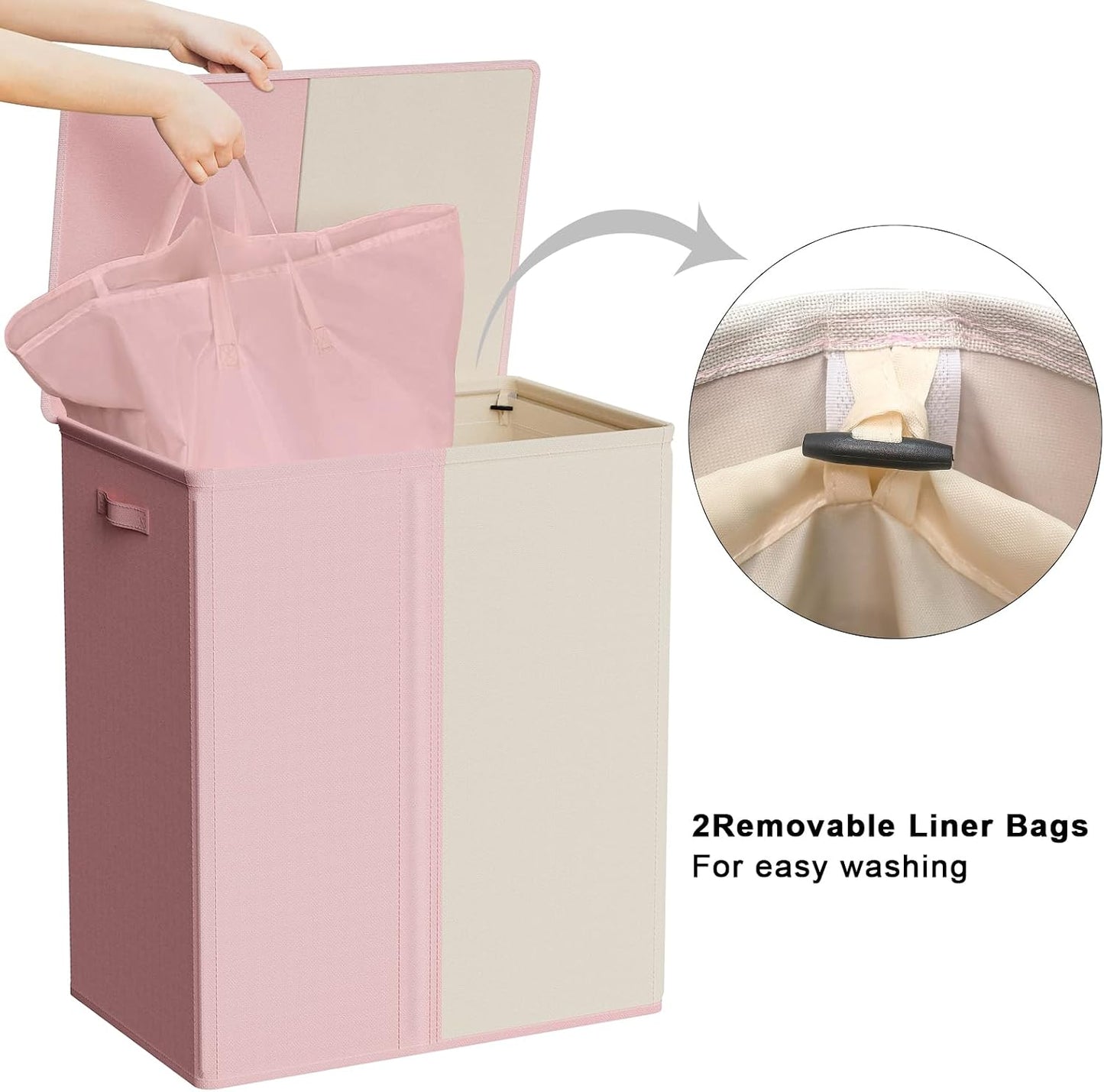 WOWLIVE Double Laundry Baseket with Lid and Removable Laundry Bags,154L Large Laundry Hamper 2 Section Collapsible Dirty Clothes Hamper for Laundry Room,College Dorm,Bathroom,Black and Beige
