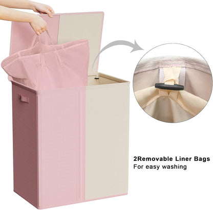 WOWLIVE Double Laundry Baseket with Lid and Removable Laundry Bags,154L Large Laundry Hamper 2 Section Collapsible Dirty Clothes Hamper for Laundry Room,College Dorm,Bathroom,Black and Beige