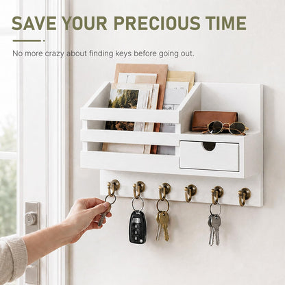 FifthQuarter Key Holder Wall Mount: Key and Mail Holder for Wall with 6 Hooks and Storage Drawer, Easy Installation Key Rack for Entryway Home Decor (A-White)