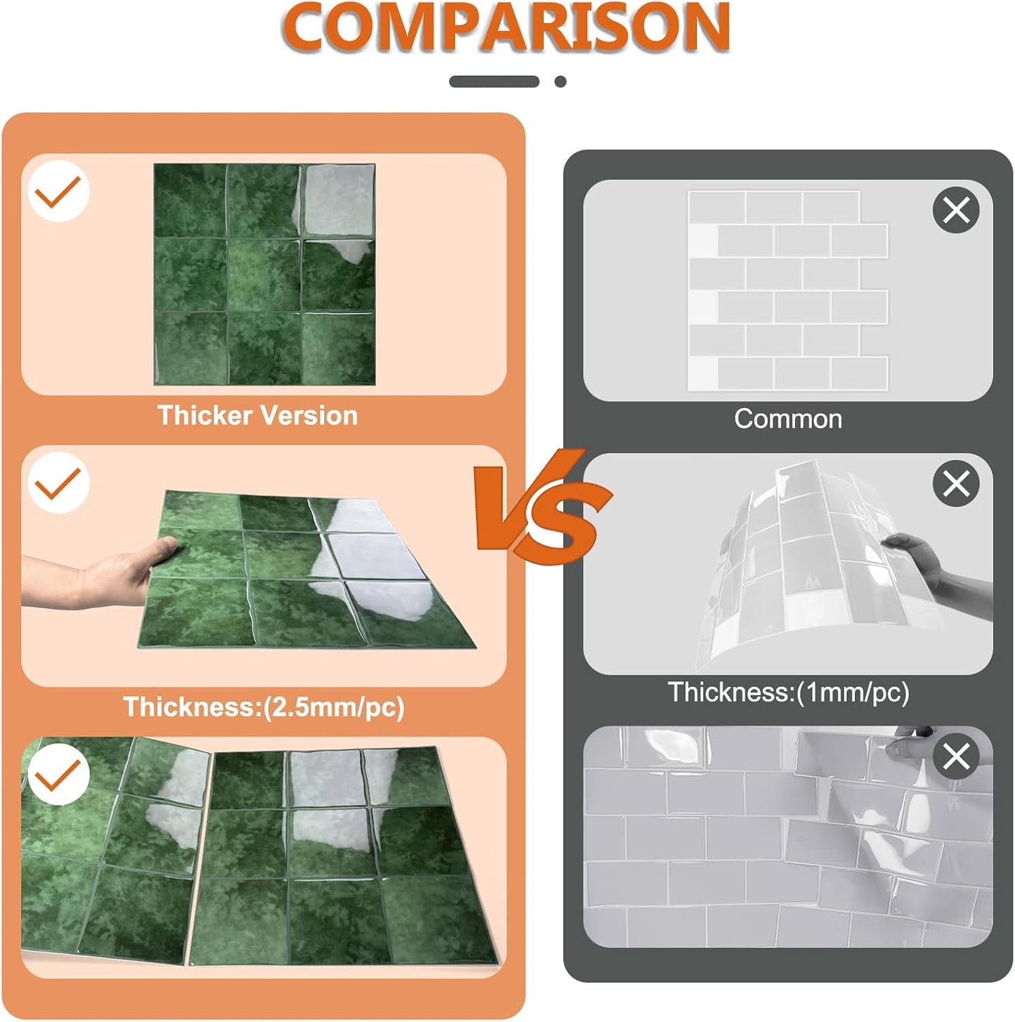 10 Sheet Thicker Peel and Stick Backsplash Tile, 12"x12" 3D Self Adhesive Square Mosaic Subway Checkered Vinyl Backsplash Stick on Wall Tiles for Bathroom, Kitchen, Living Room (10, Orange)