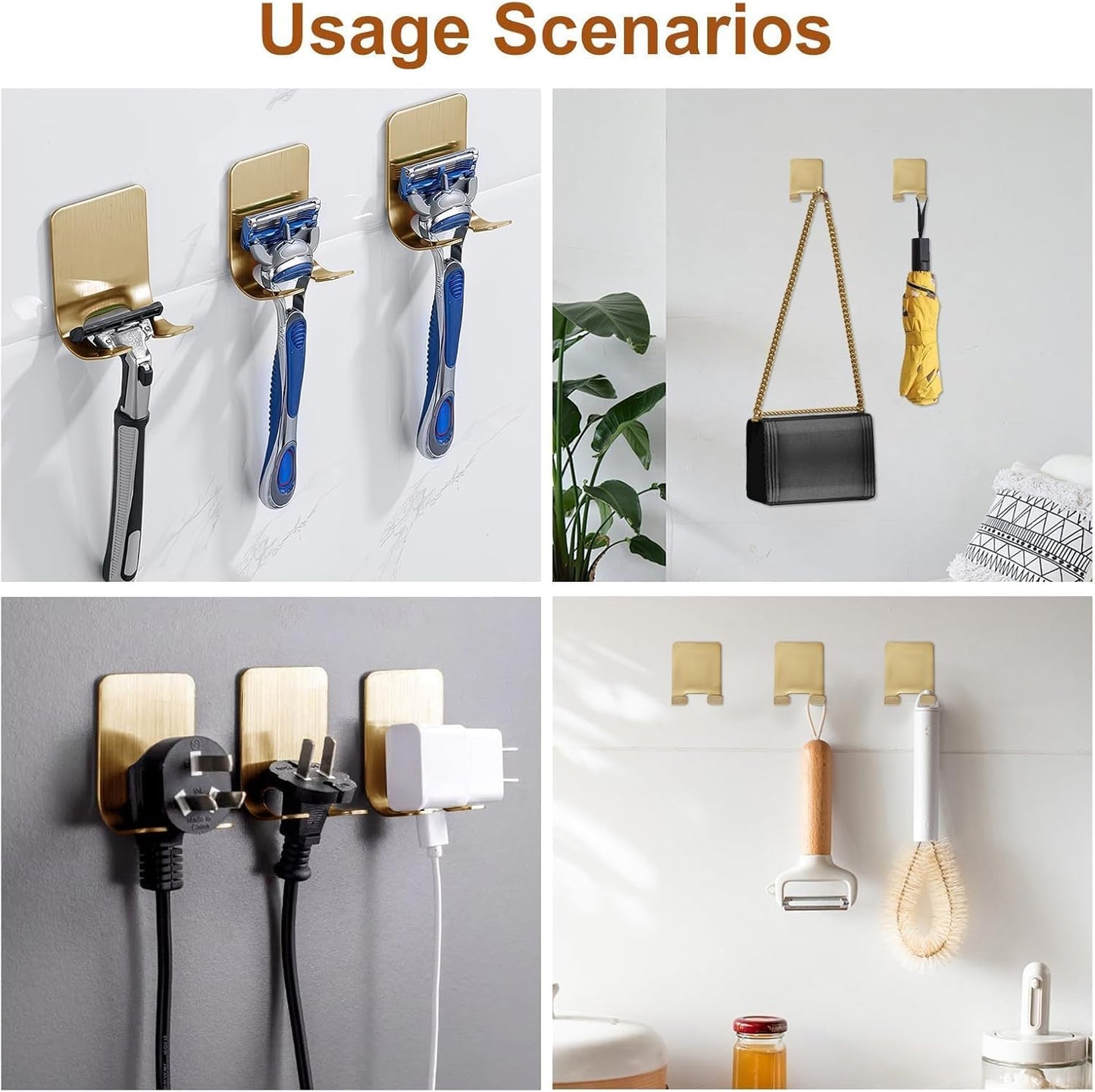 4 Pcs Gold Razor Loofah Holder for Shower Self Adhesive Waterproof Shaver Hooks Waterproof for wall Metal Heavy Duty Utility Storage Hanger Hooks Holder for Towels Accessories Kitchen Bathroom (Gold)